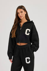 C Intarsia Cropped Zip Through Knitted Hoodie - Black
