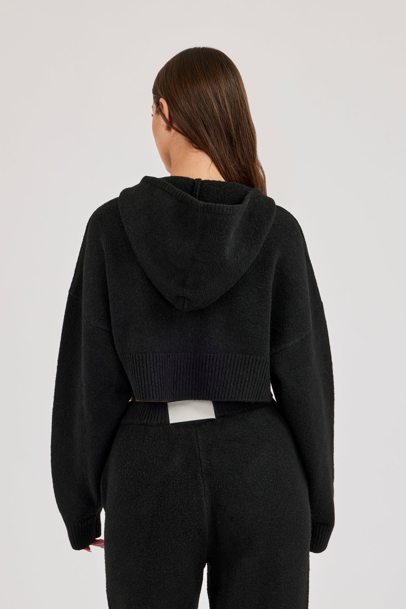 C Intarsia Cropped Zip Through Knitted Hoodie - Black