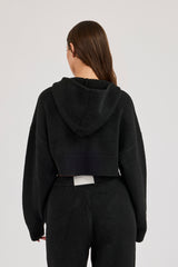 C Intarsia Cropped Zip Through Knitted Hoodie - Black