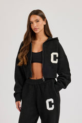 C Intarsia Cropped Zip Through Knitted Hoodie - Black