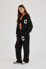 C Intarsia Cropped Zip Through Hoodie & Jogger - Black