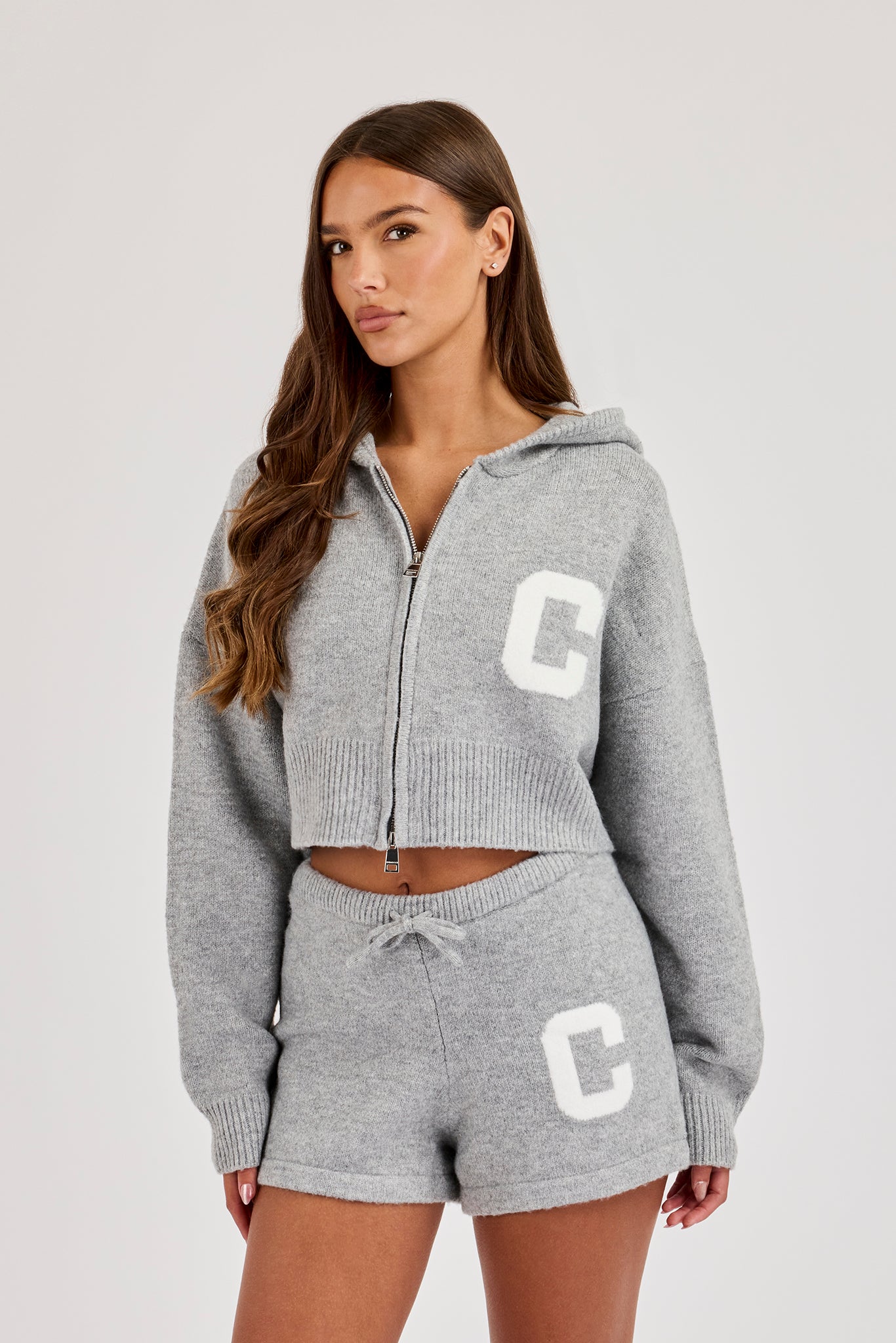 C Intarsia Cropped Zip Through Hoodie & Knitted C Short - Grey
