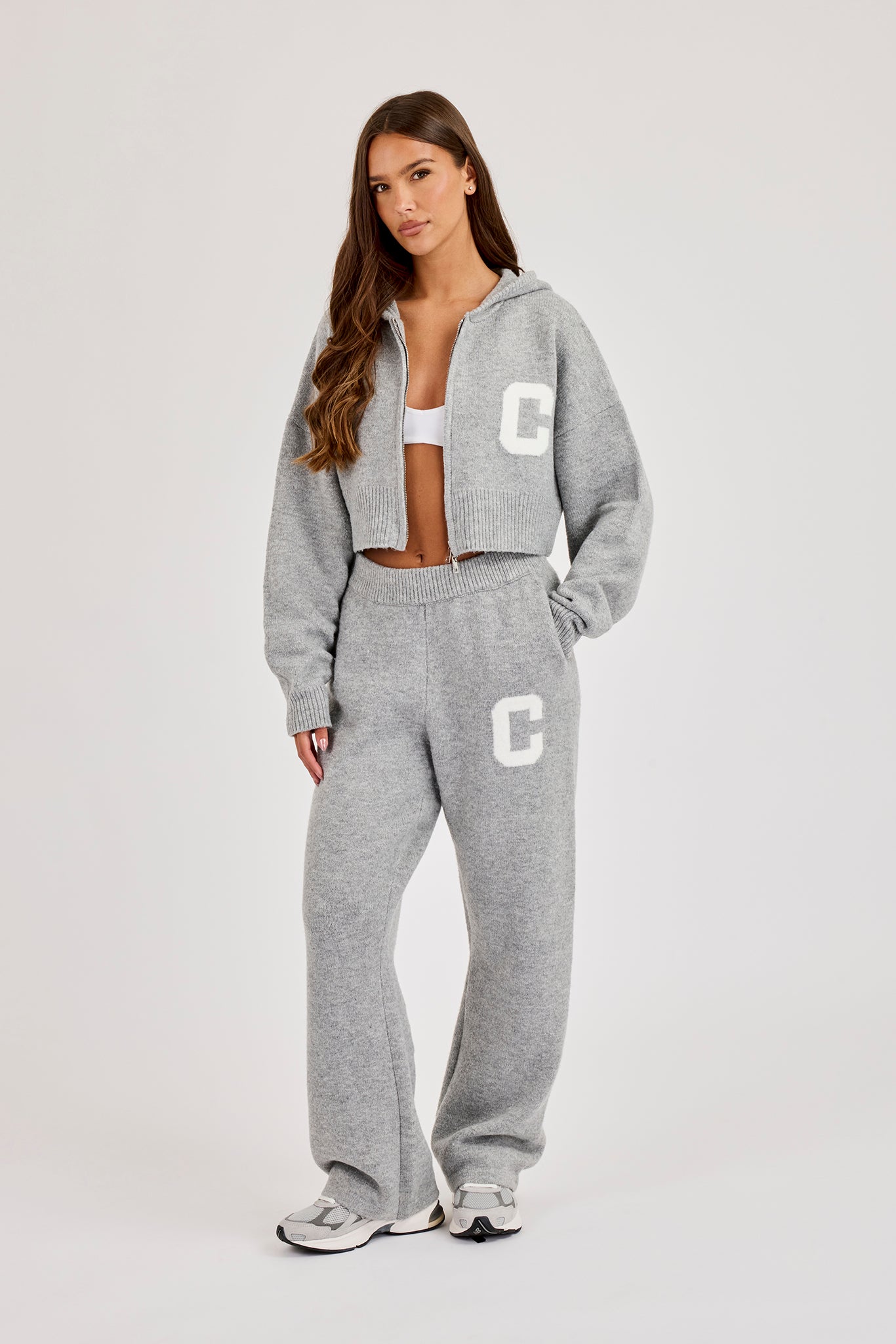 C Intarsia Cropped Zip Through Hoodie & Jogger - Grey