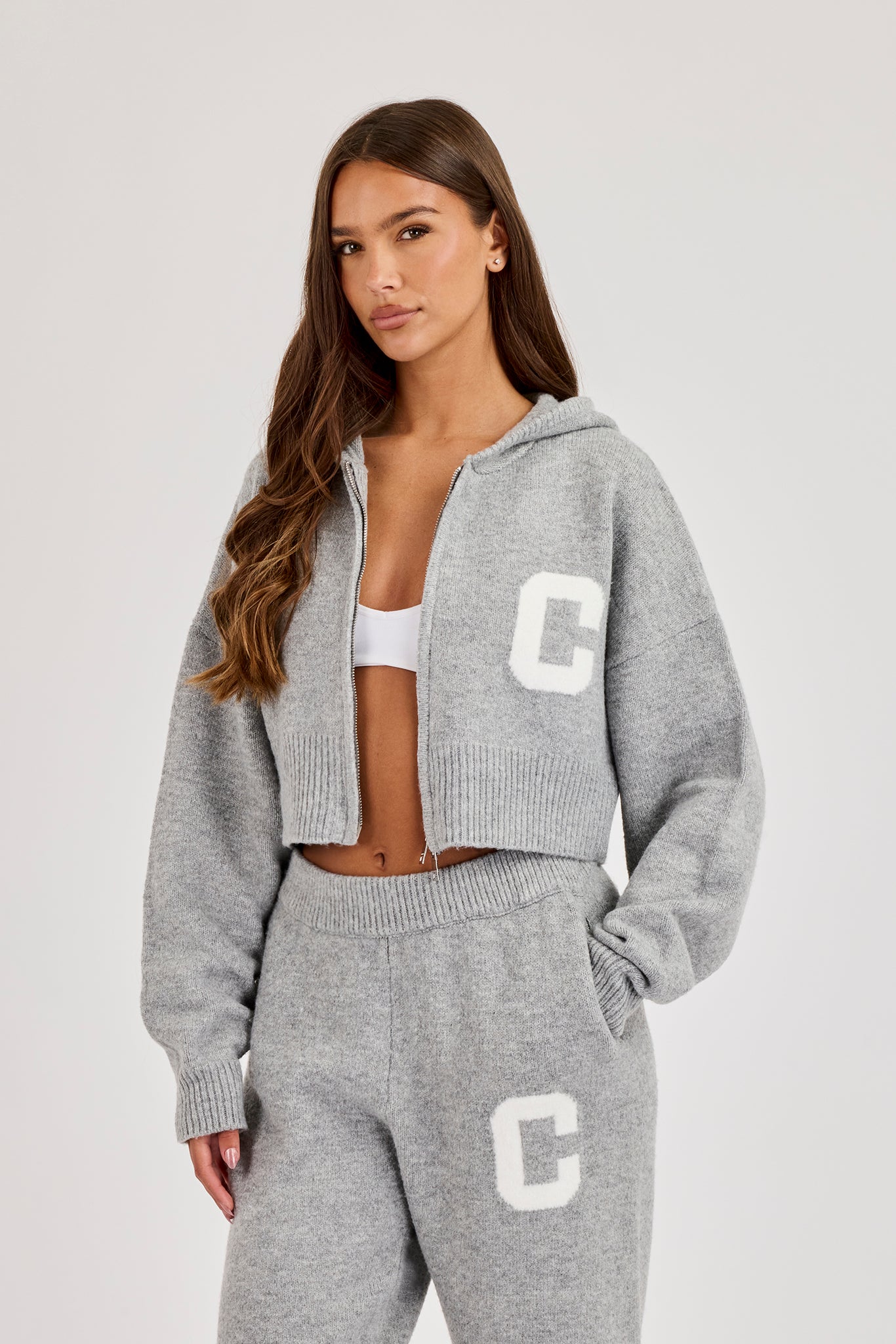 C Intarsia Cropped Zip Through Hoodie - Grey