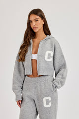 C Intarsia Cropped Zip Through Hoodie - Grey