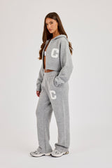 C Intarsia Cropped Zip Through Hoodie - Grey