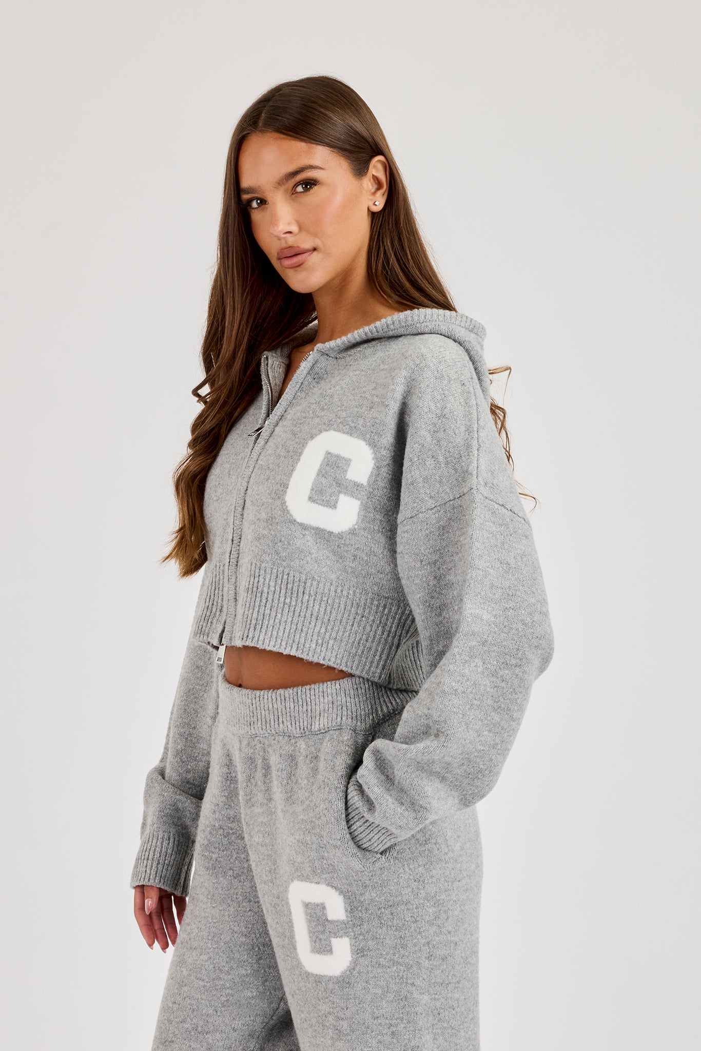C Intarsia Cropped Zip Through Hoodie - Grey
