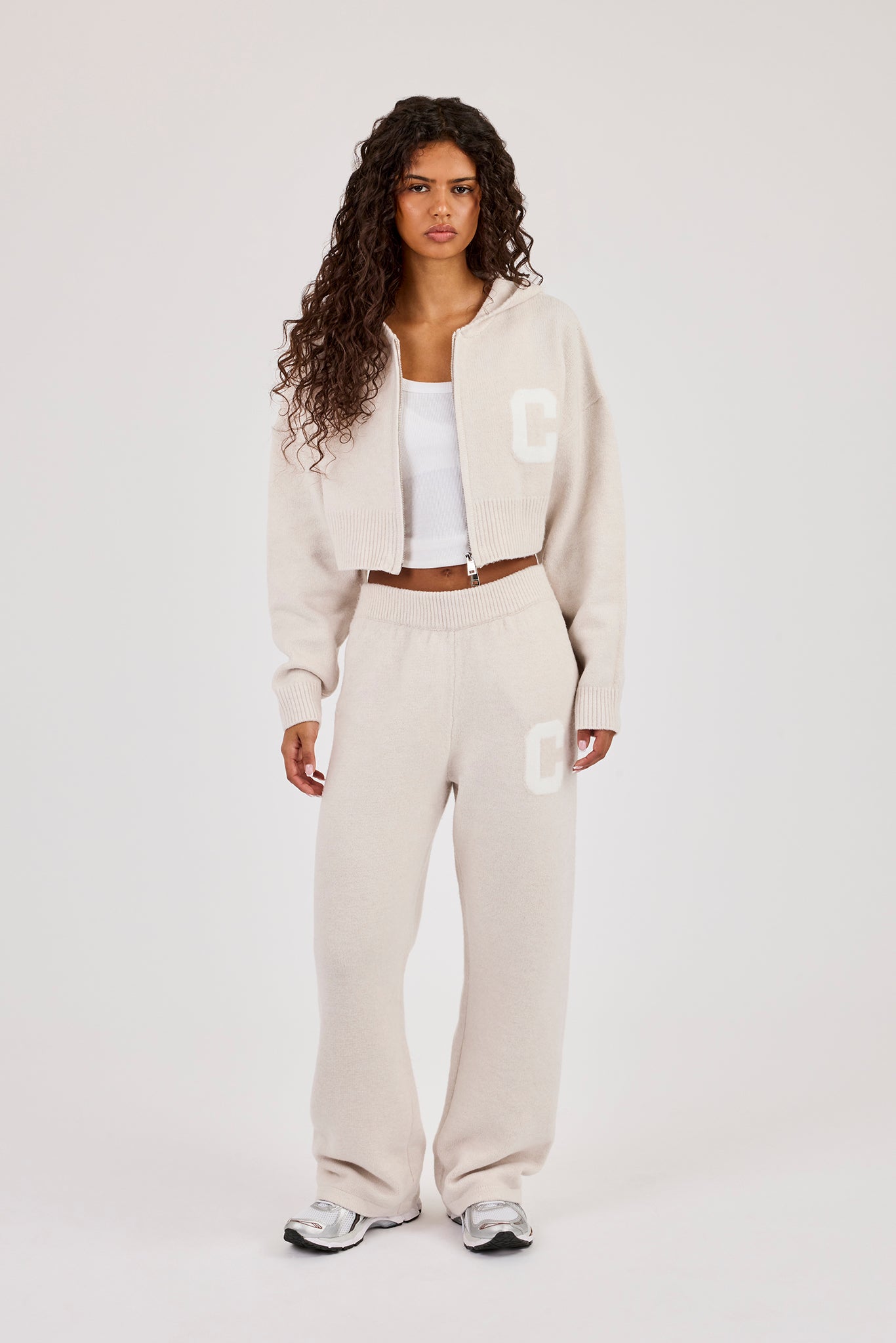 C Intarsia Cropped Zip Through Hoodie & Wide Leg Jogger - Oatmeal
