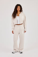 C Intarsia Cropped Zip Through Hoodie & Wide Leg Jogger - Oatmeal