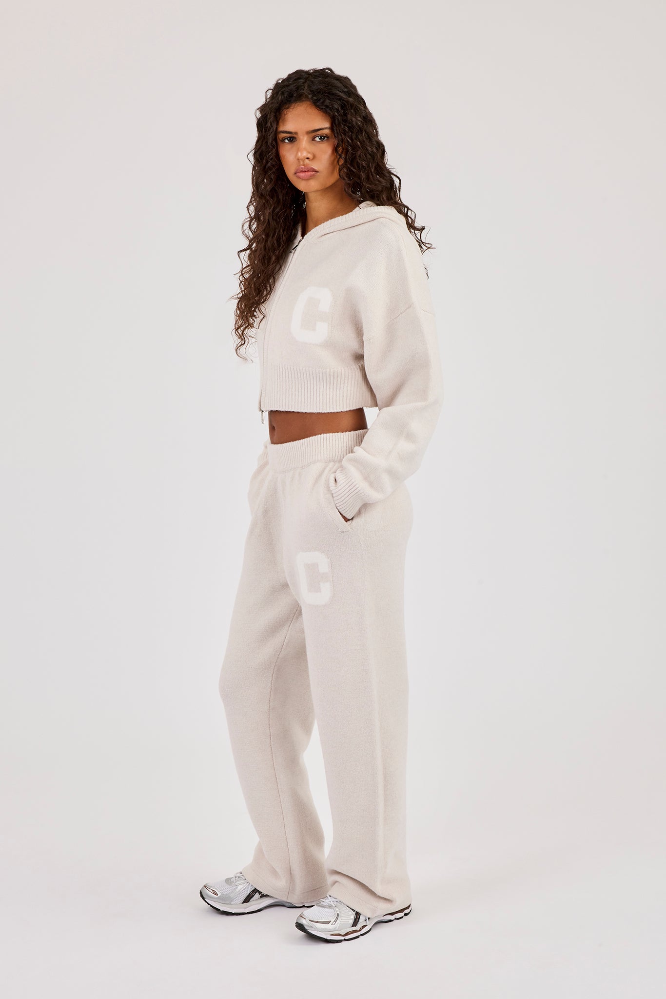 C Intarsia Cropped Zip Through Hoodie & Wide Leg Jogger - Oatmeal