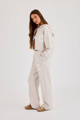C Intarsia Cropped Zip Through Hoodie & Wide Leg Jogger - Oatmeal