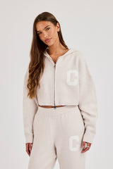 C Intarsia Cropped Zip Through Knitted Hoodie - Oatmeal