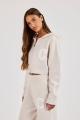 C Intarsia Cropped Zip Through Knitted Hoodie - Oatmeal