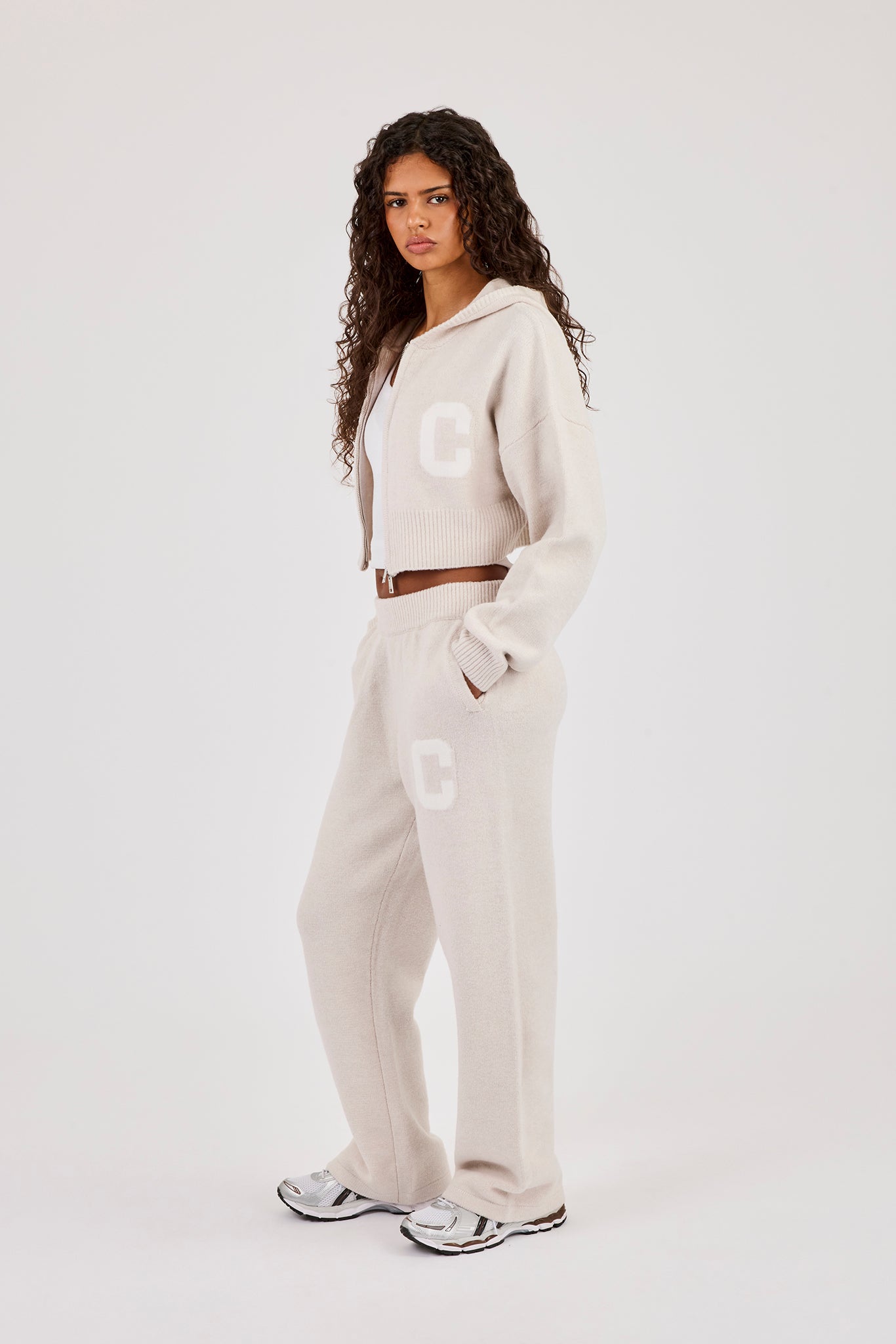 C Intarsia Cropped Zip Through Hoodie & Wide Leg Jogger - Oatmeal