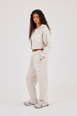 C Intarsia Cropped Zip Through Hoodie & Wide Leg Jogger - Oatmeal