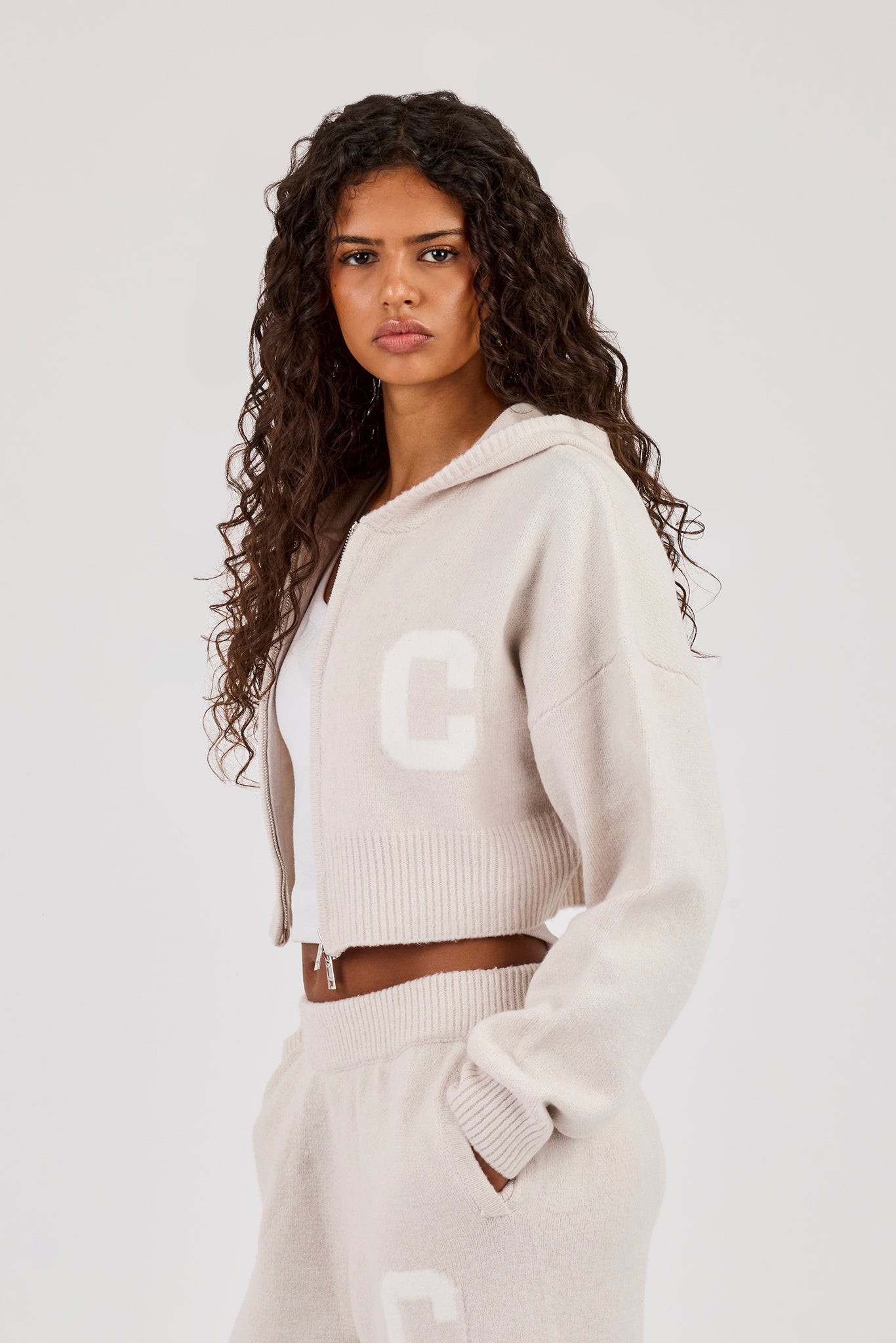C Intarsia Cropped Zip Through Hoodie - Oatmeal