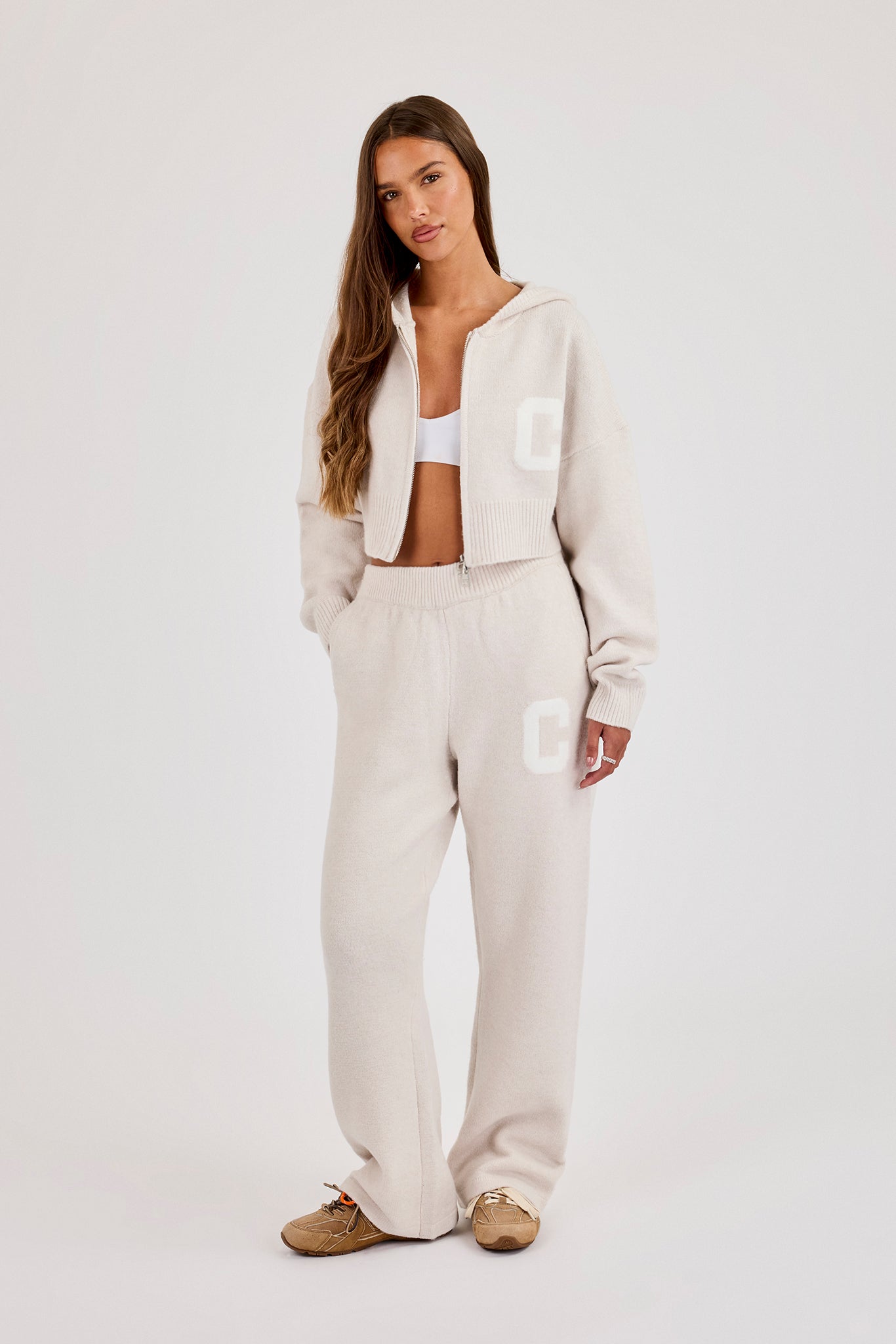 C Intarsia Cropped Zip Through Hoodie & Wide Leg Jogger - Oatmeal