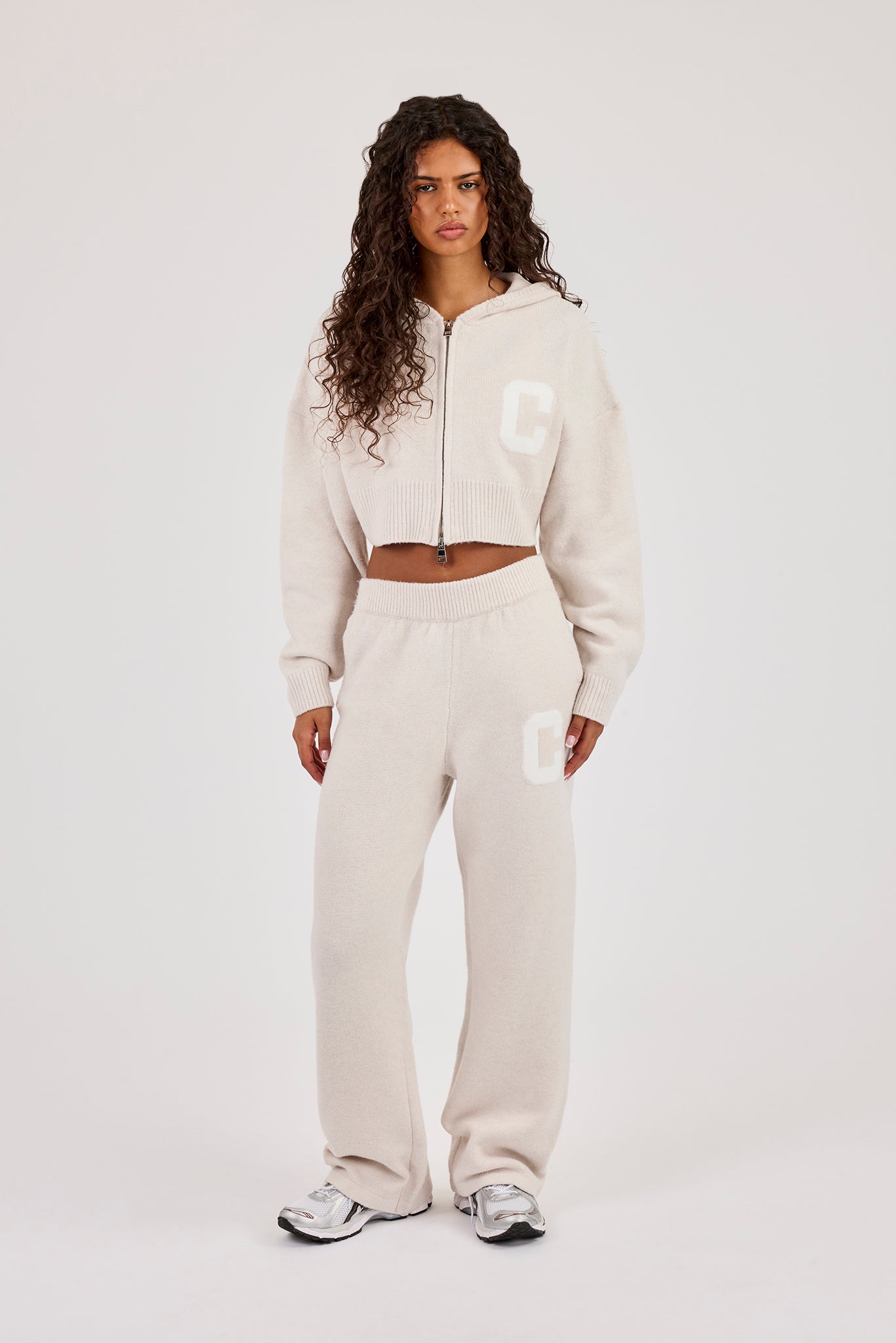 C Intarsia Cropped Zip Through Hoodie - Oatmeal
