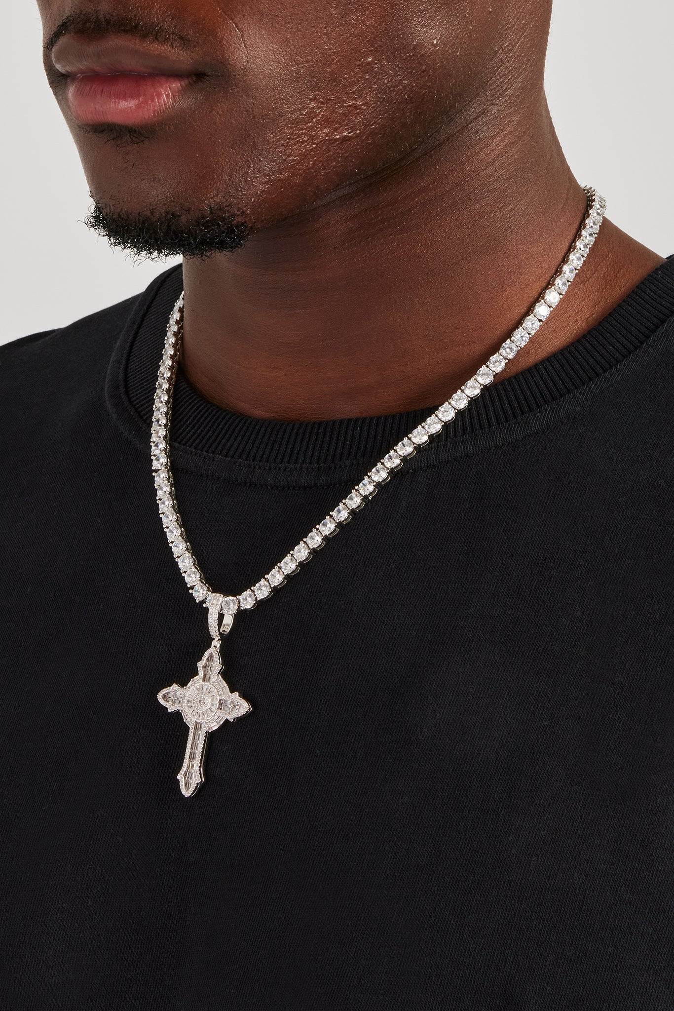 Iced Cross Baguette Pendant & 5mm Tennis Chain - White | Mens