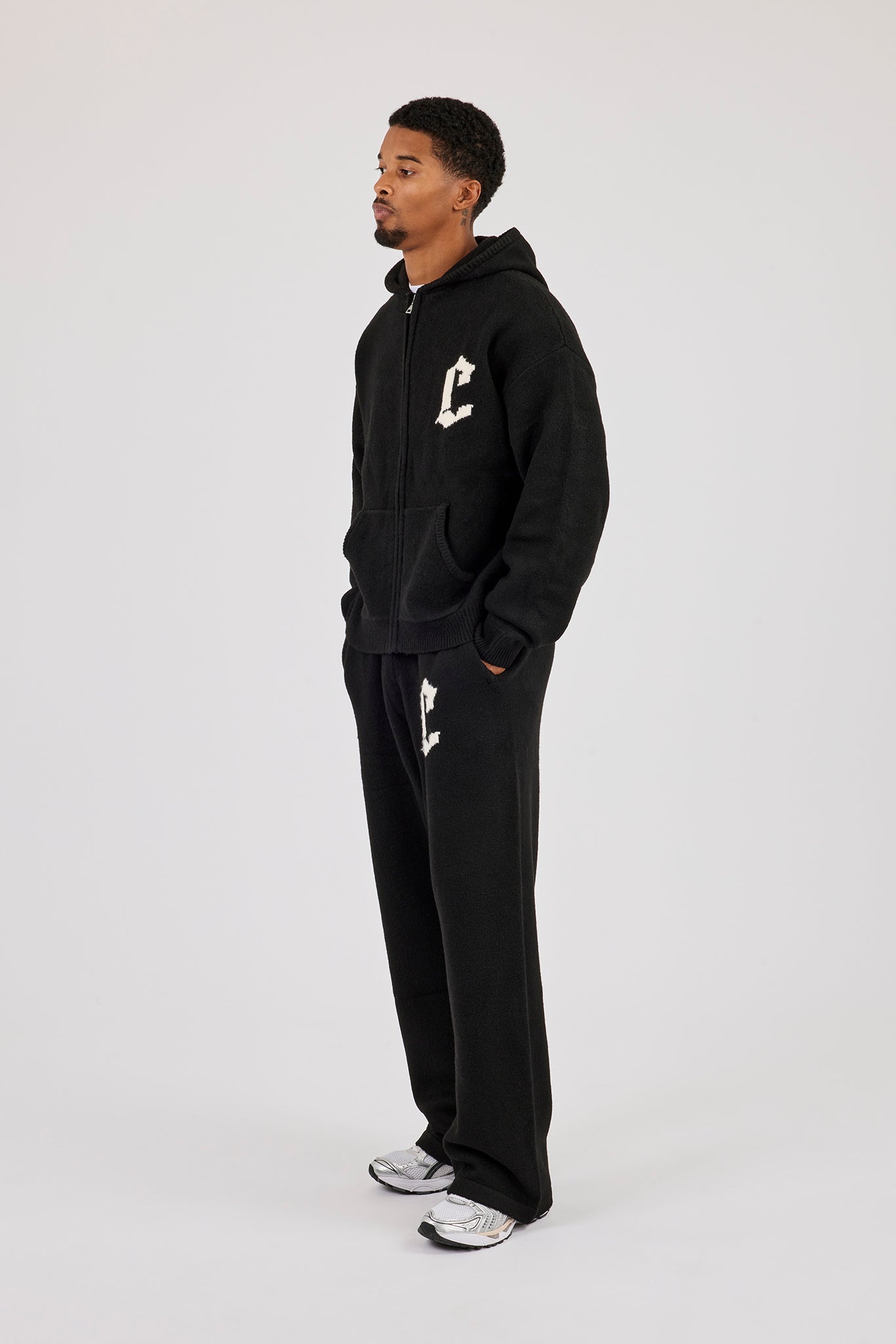 Mens C Knitted Zip Through Hoodie & Jogger - Black
