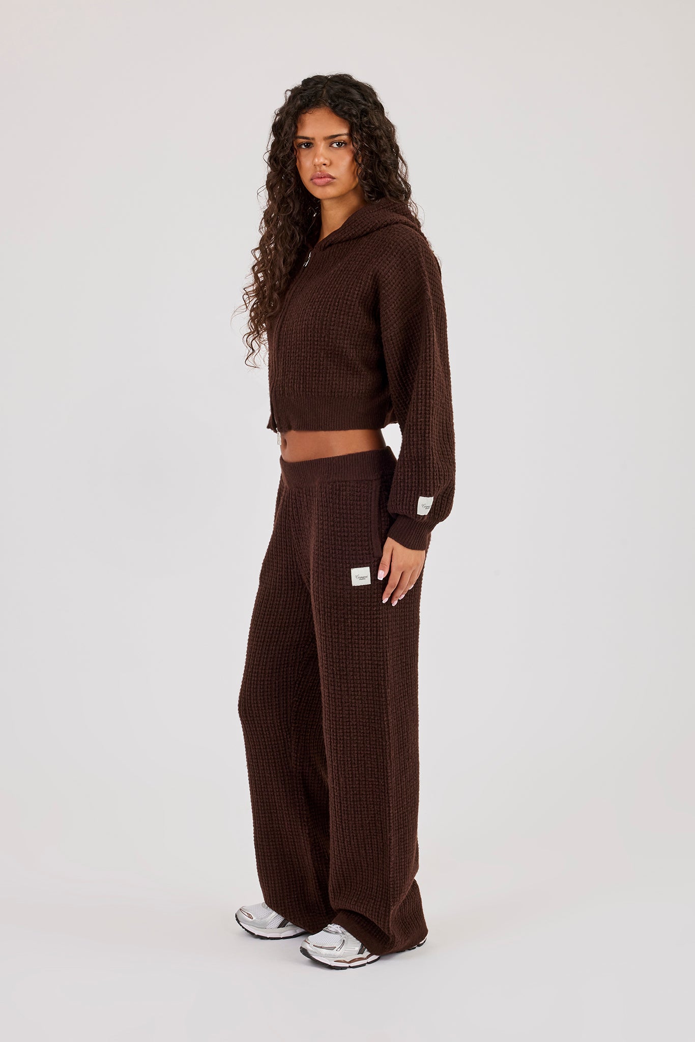 Waffle Knit Cropped Zip Through Hoodie & Wide Leg Jogger - Chocolate