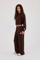Waffle Knit Cropped Zip Through Hoodie & Wide Leg Jogger - Chocolate