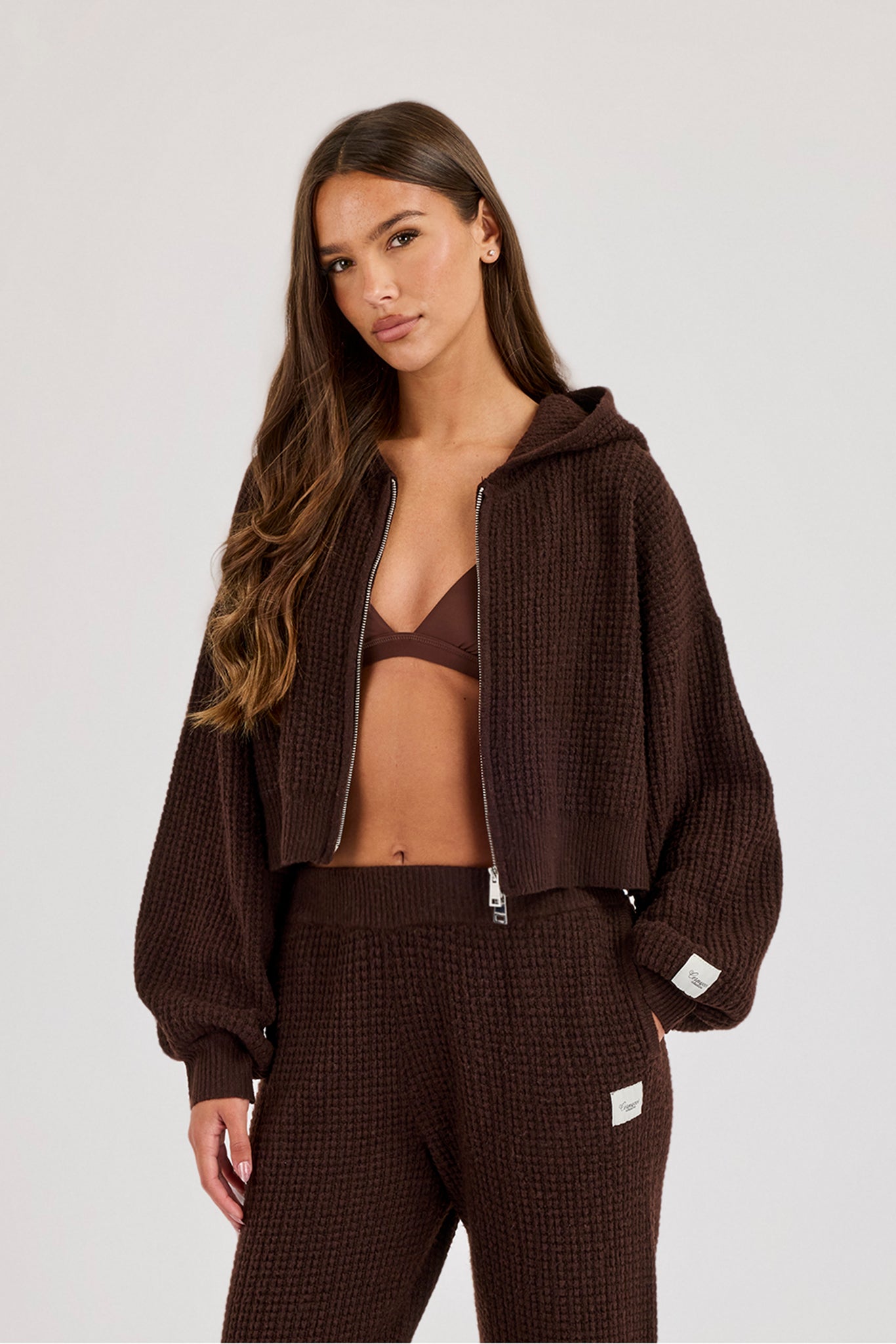 Waffle Knit Cropped Zip Through Hoodie - Chocolate