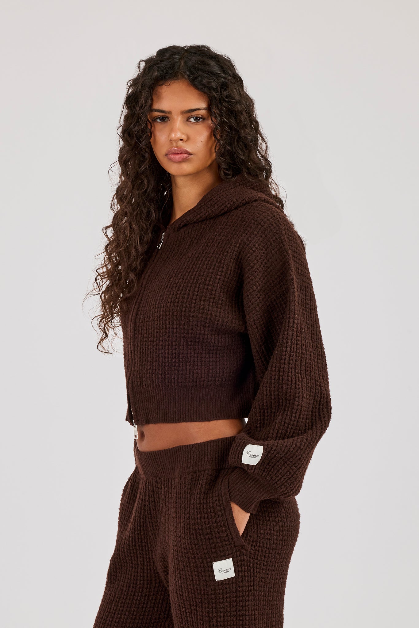 Waffle Knit Cropped Zip Through Hoodie - Chocolate