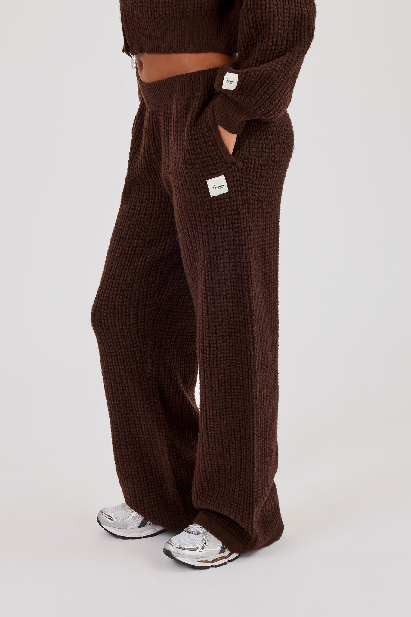 Waffle Knit Wide Leg Jogger - Chocolate