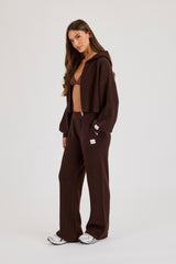 Waffle Knit Cropped Zip Through Hoodie & Wide Leg Jogger - Chocolate