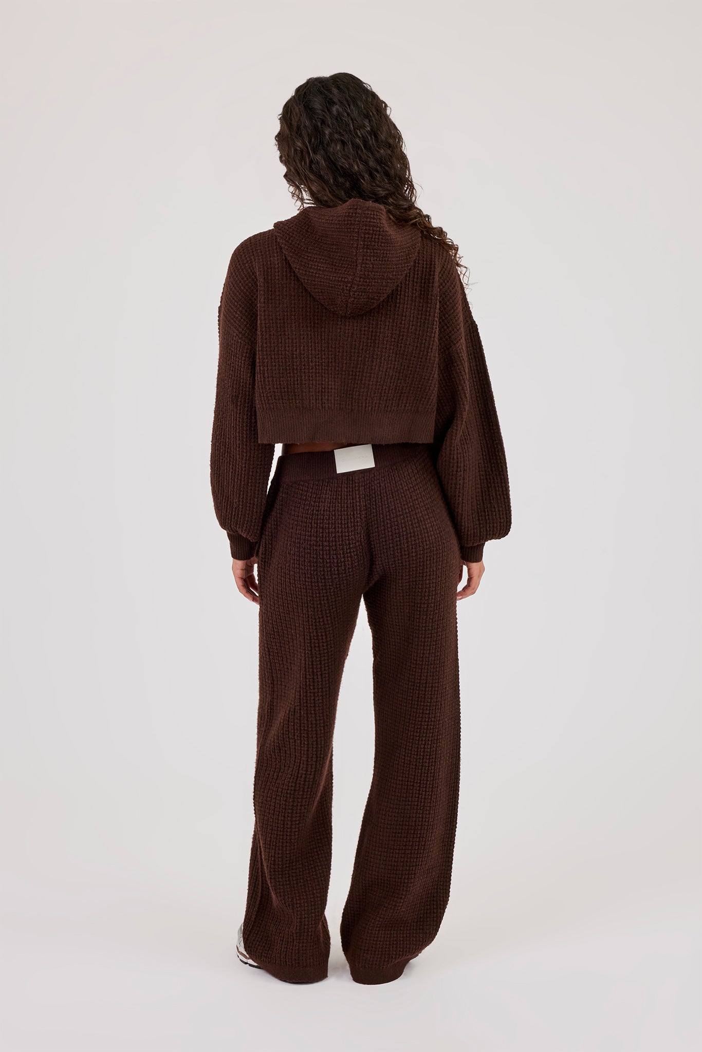 Waffle Knit Cropped Zip Through Hoodie & Wide Leg Jogger - Chocolate