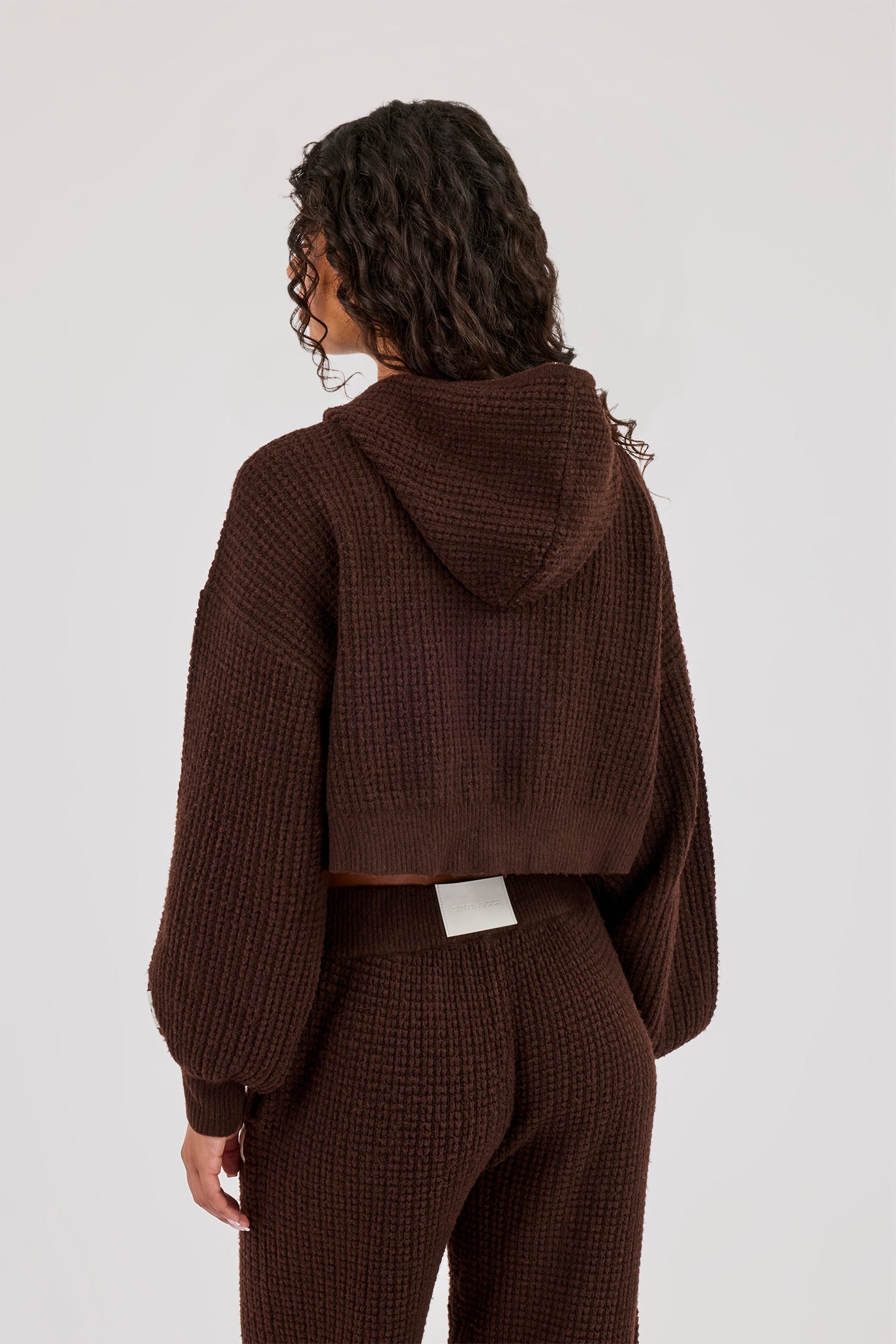 Waffle Knit Cropped Zip Through Hoodie - Chocolate