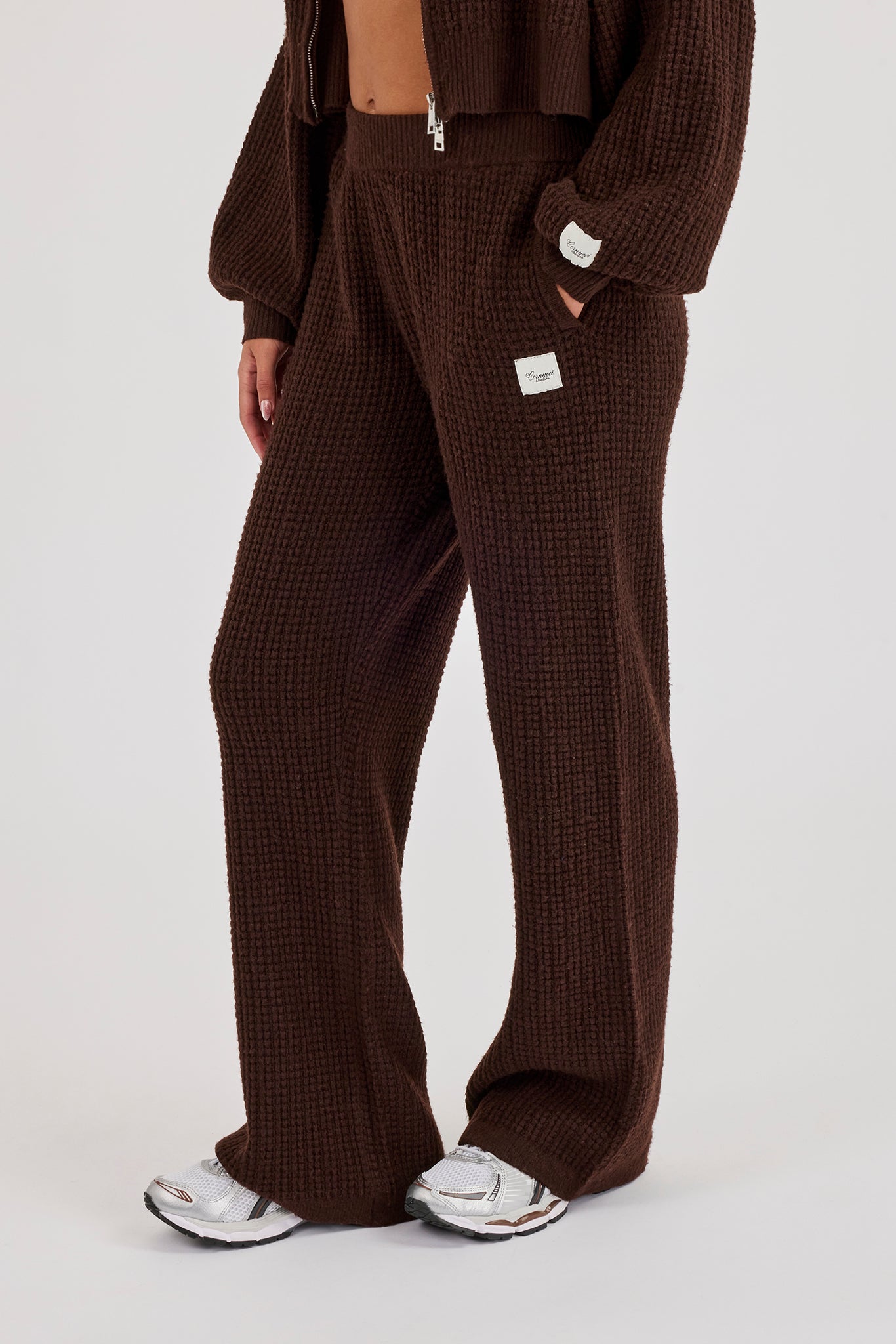 Waffle Knit Wide Leg Jogger - Chocolate