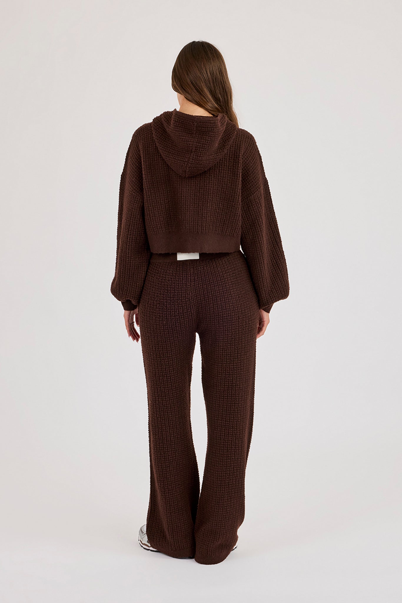 Waffle Knit Cropped Zip Through Hoodie & Wide Leg Jogger - Chocolate