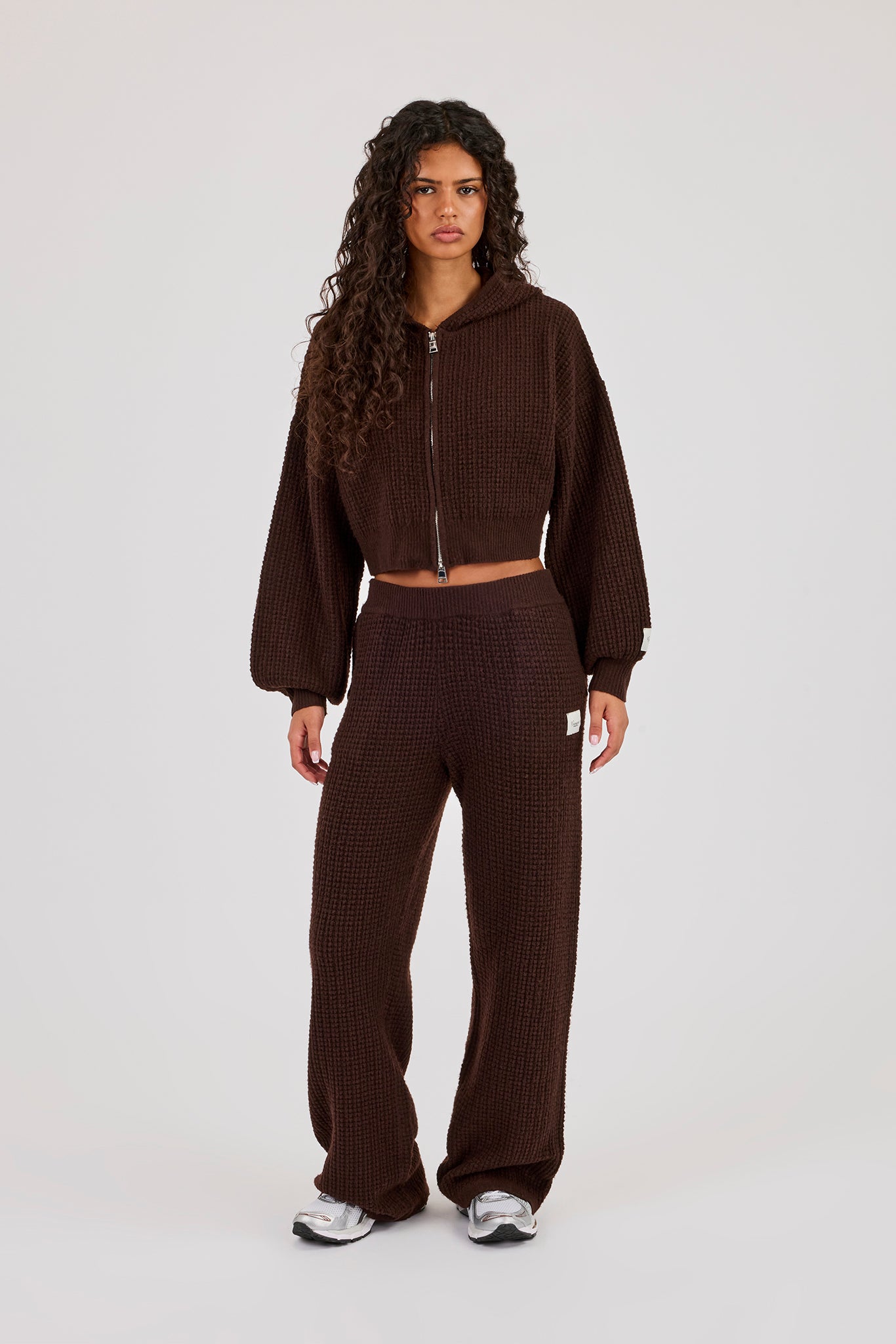 Waffle Knit Cropped Zip Through Hoodie & Wide Leg Jogger - Chocolate