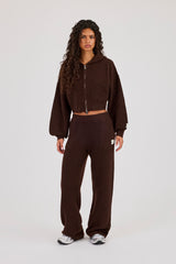 Waffle Knit Cropped Zip Through Hoodie - Chocolate