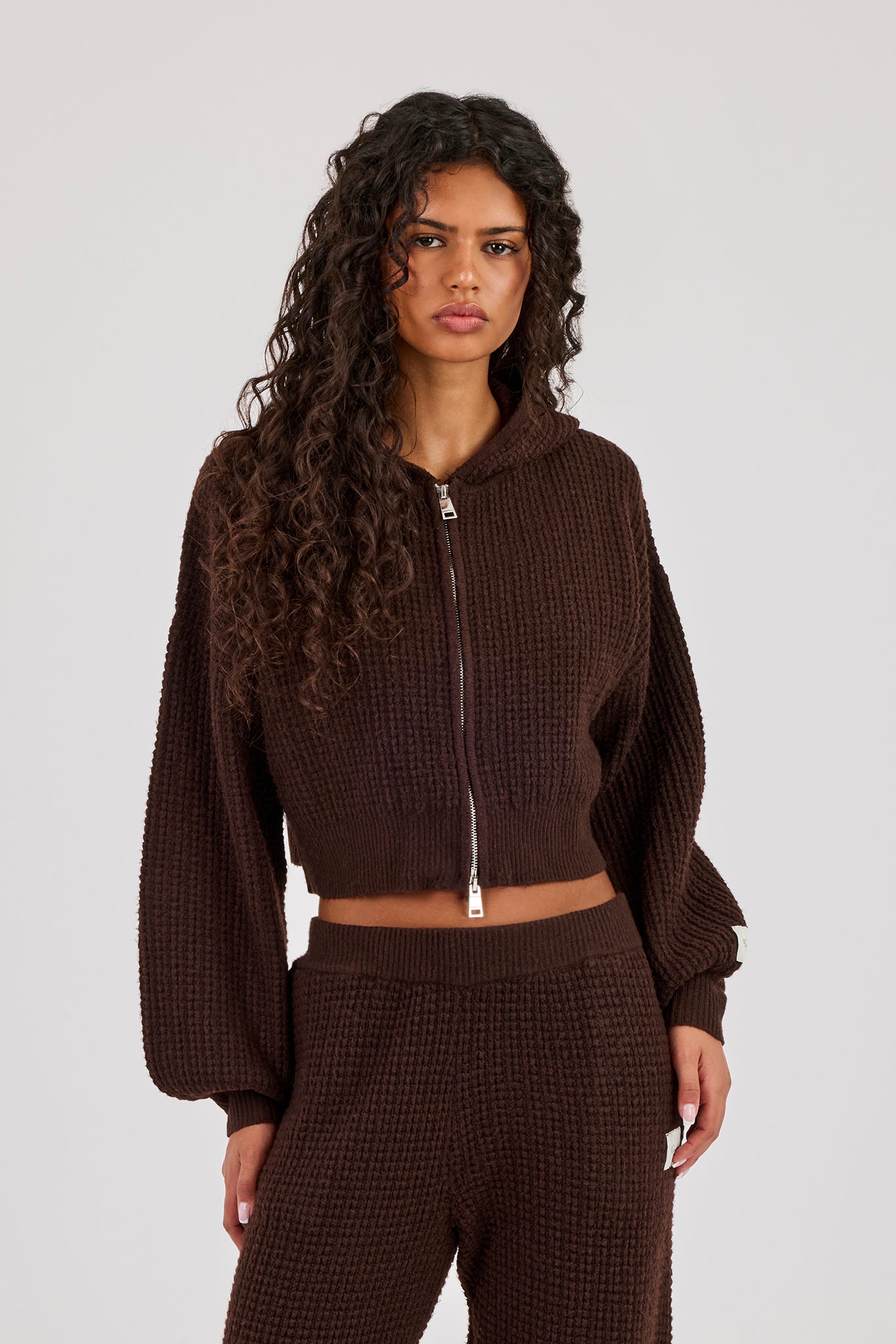 Waffle Knit Cropped Zip Through Hoodie - Chocolate