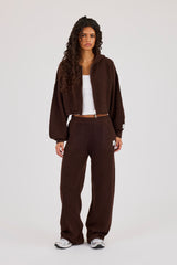 Waffle Knit Cropped Zip Through Hoodie & Wide Leg Jogger - Chocolate