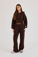 Waffle Knit Cropped Zip Through Hoodie & Wide Leg Jogger - Chocolate