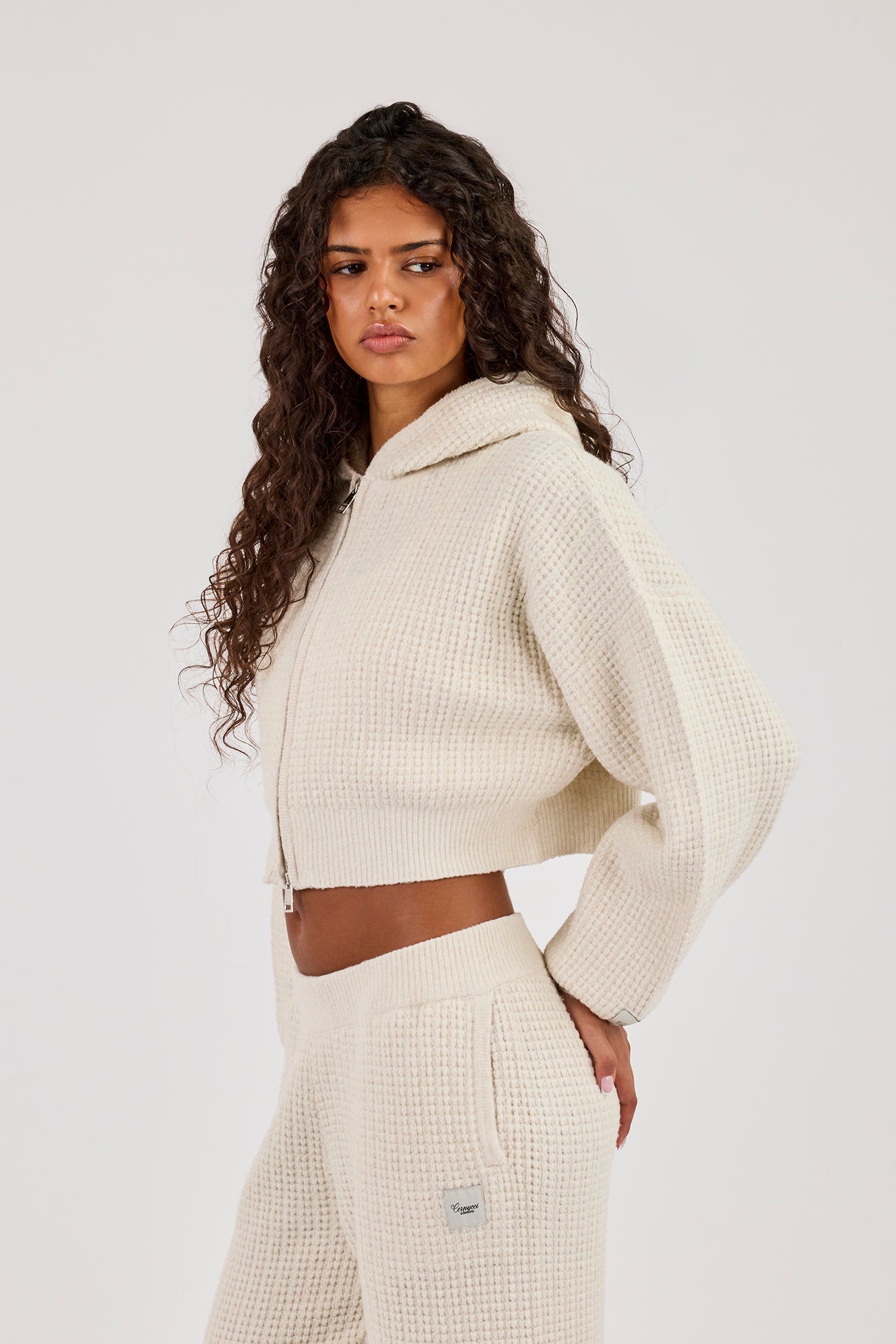 Waffle Knit Cropped Zip Through Hoodie - Oatmeal