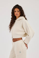 Waffle Knit Cropped Zip Through Hoodie - Oatmeal