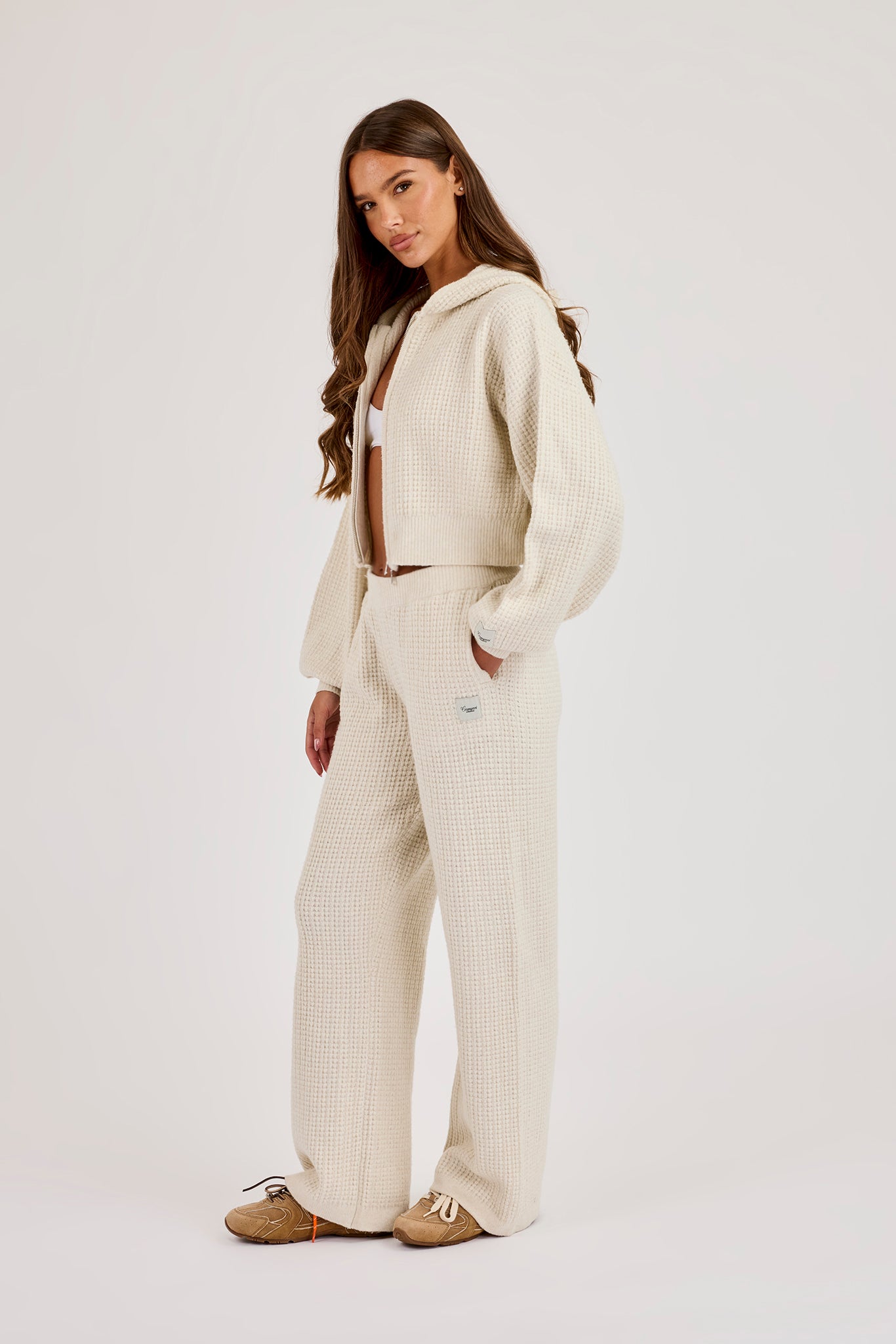 Waffle Knit Cropped Zip Through Hoodie & Wide Leg Jogger - Oatmeal