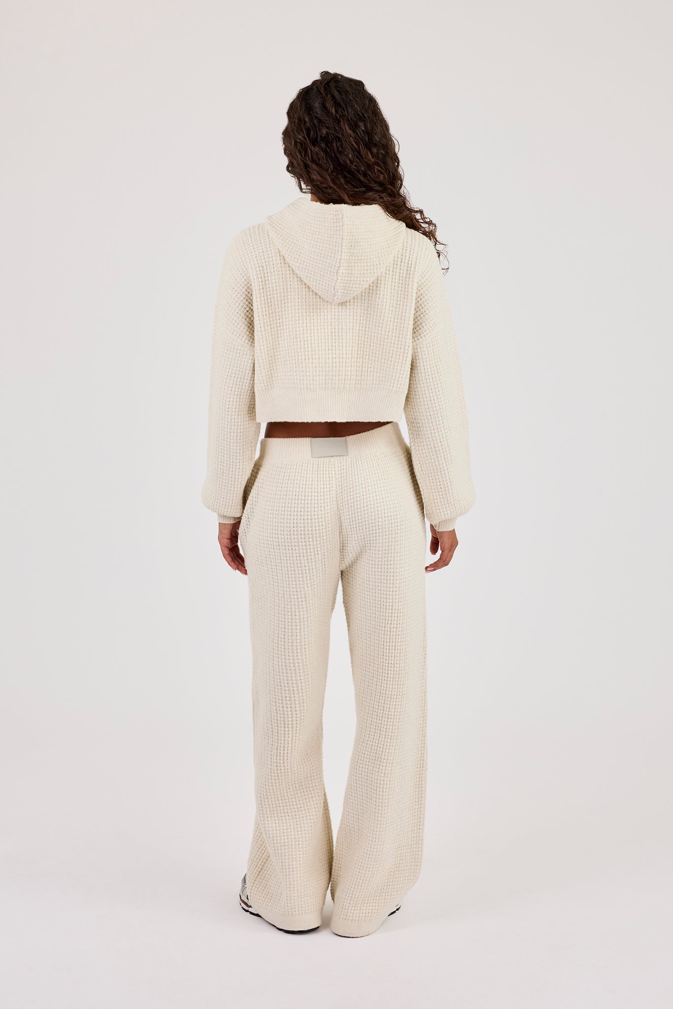 Waffle Knit Cropped Zip Through Hoodie & Wide Leg Jogger - Oatmeal