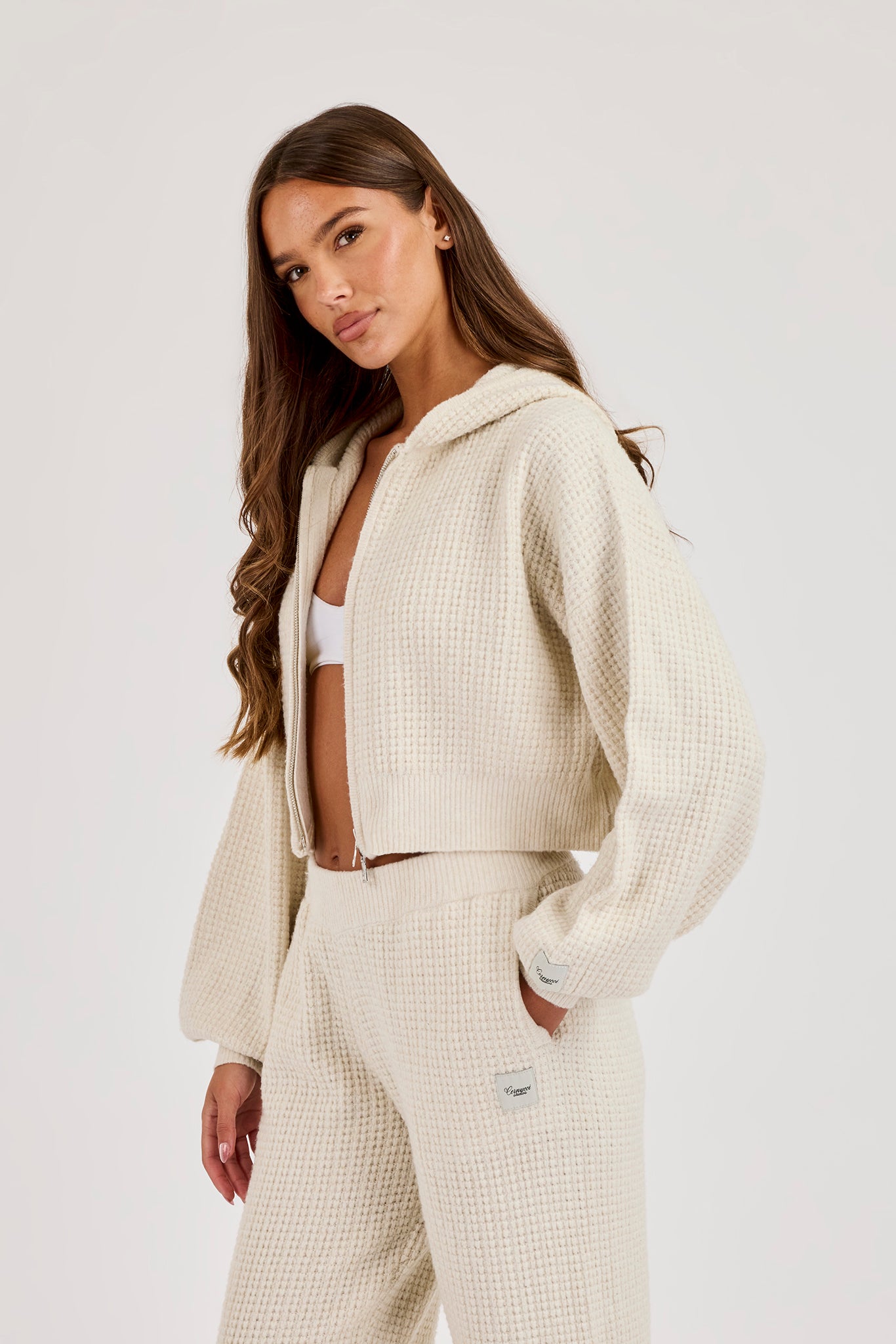 Waffle Knit Cropped Zip Through Hoodie - Oatmeal