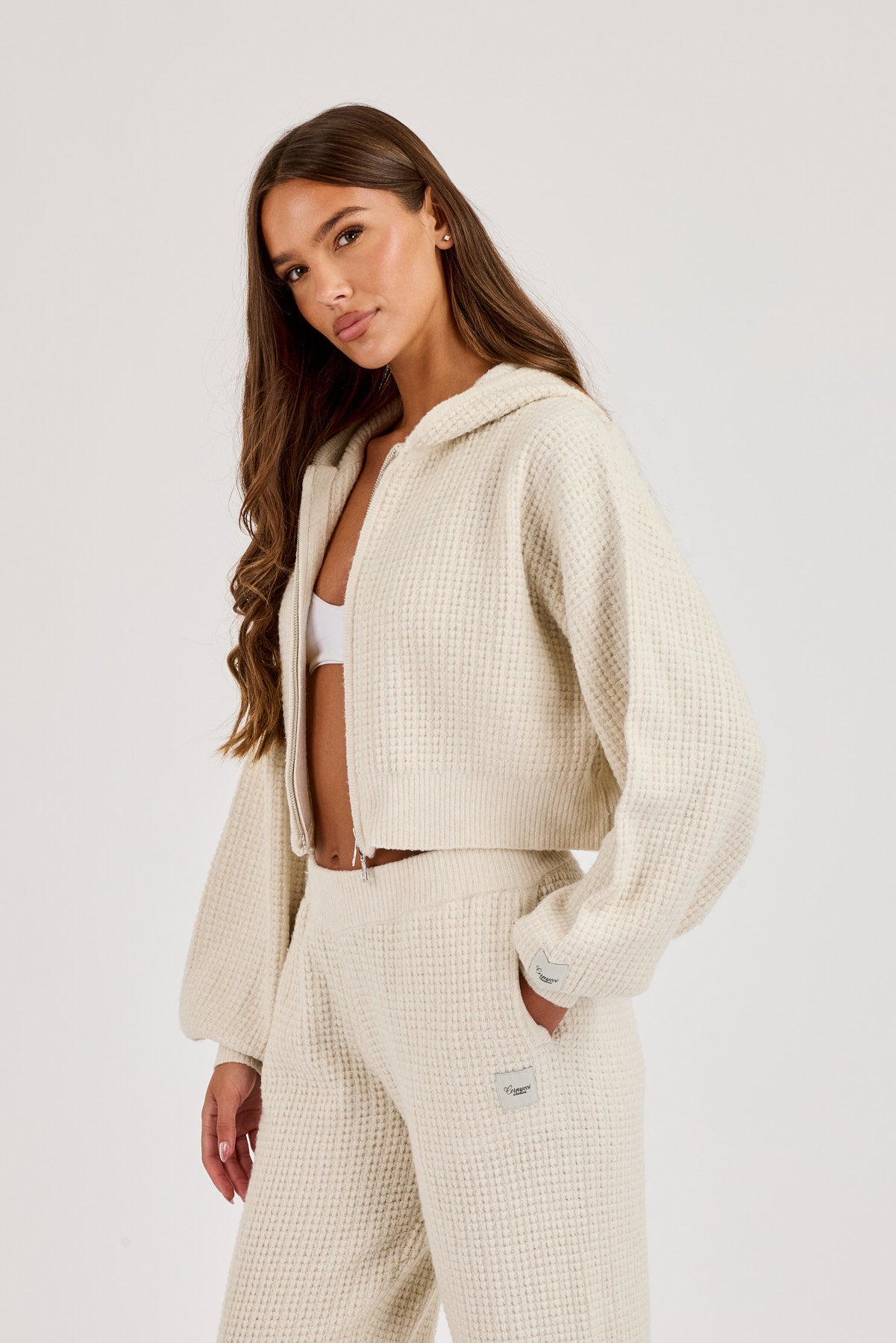 Waffle Knit Cropped Zip Through Hoodie - Oatmeal