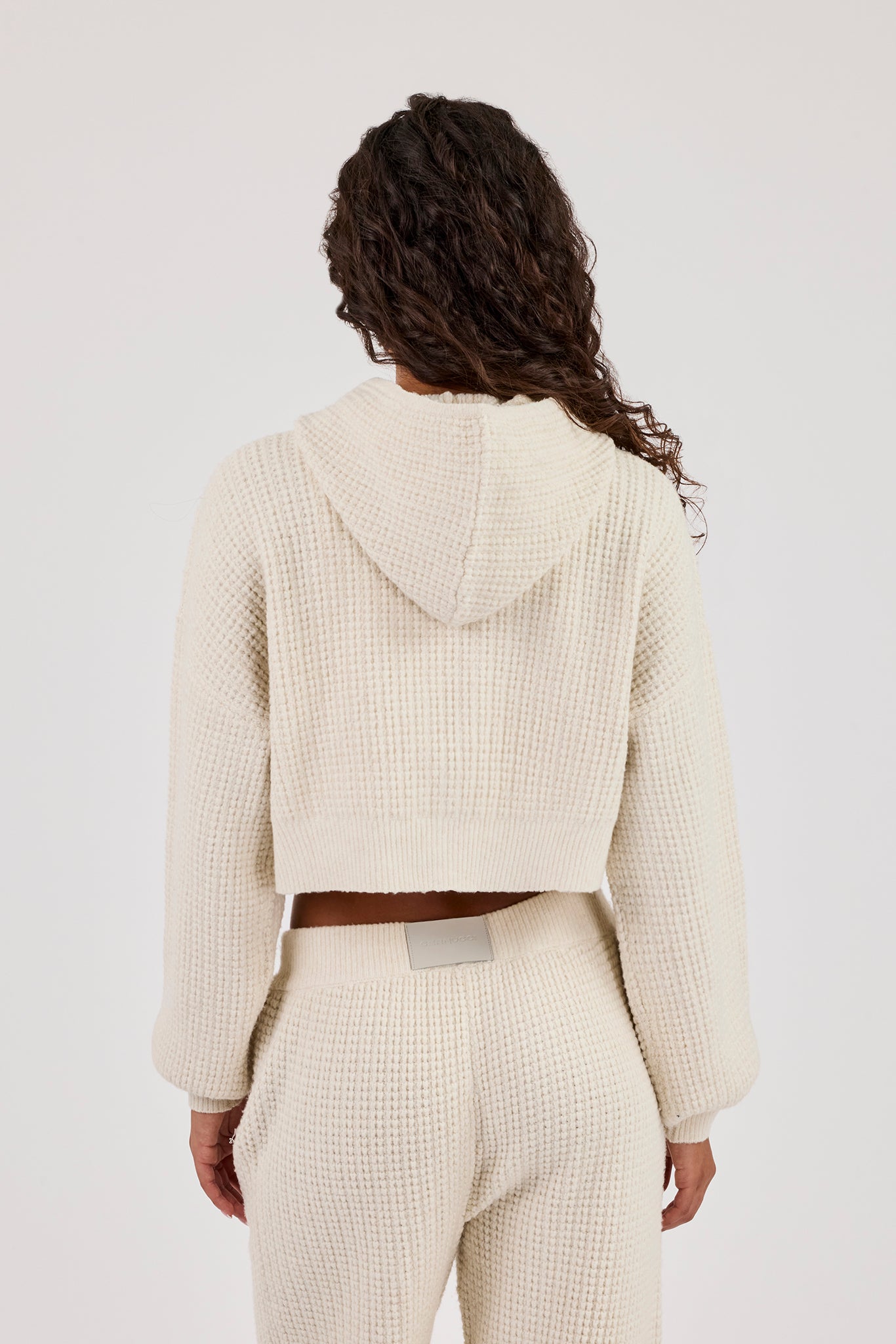 Waffle Knit Cropped Zip Through Hoodie - Oatmeal