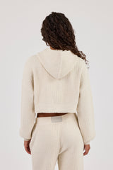 Waffle Knit Cropped Zip Through Hoodie - Oatmeal