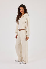 Waffle Knit Cropped Zip Through Hoodie & Wide Leg Jogger - Oatmeal