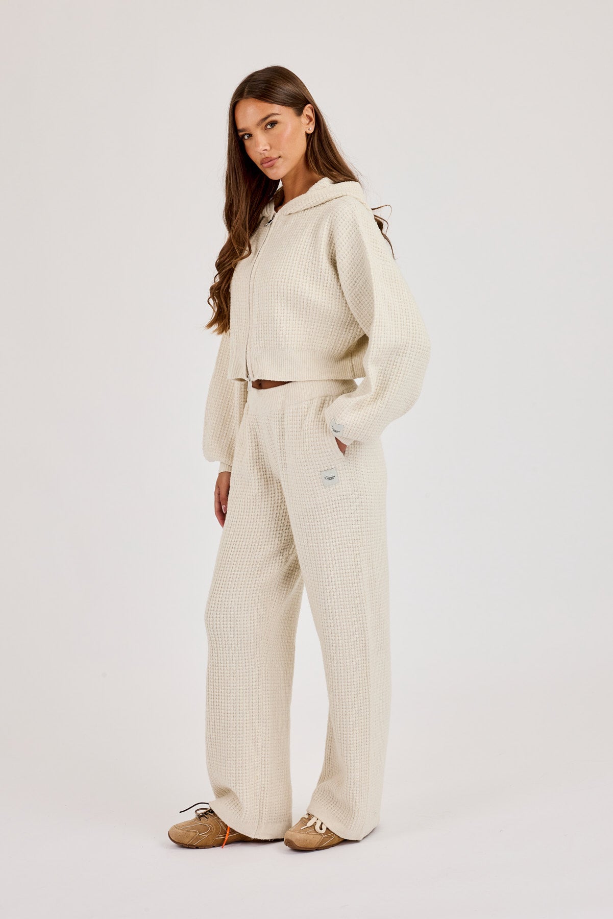 Waffle Knit Cropped Zip Through Hoodie & Wide Leg Jogger - Oatmeal