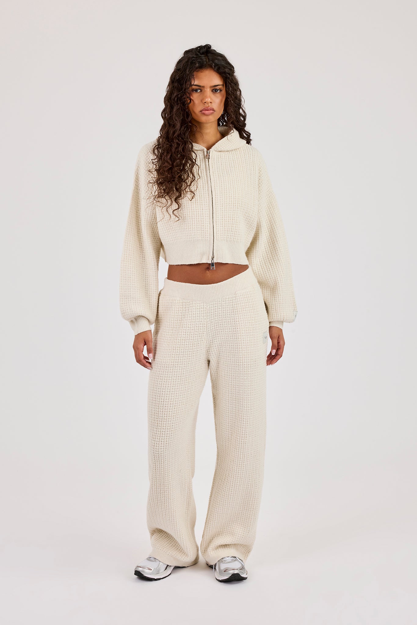 Waffle Knit Cropped Zip Through Hoodie & Wide Leg Jogger - Oatmeal